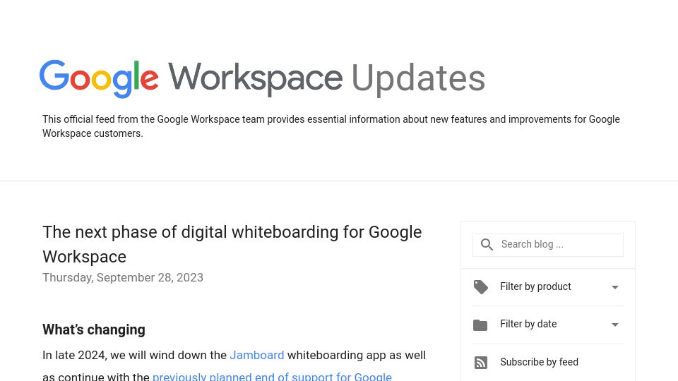 Screenshot of workspaceupdates.googleblog.com: Google Ending Support for Jamboard