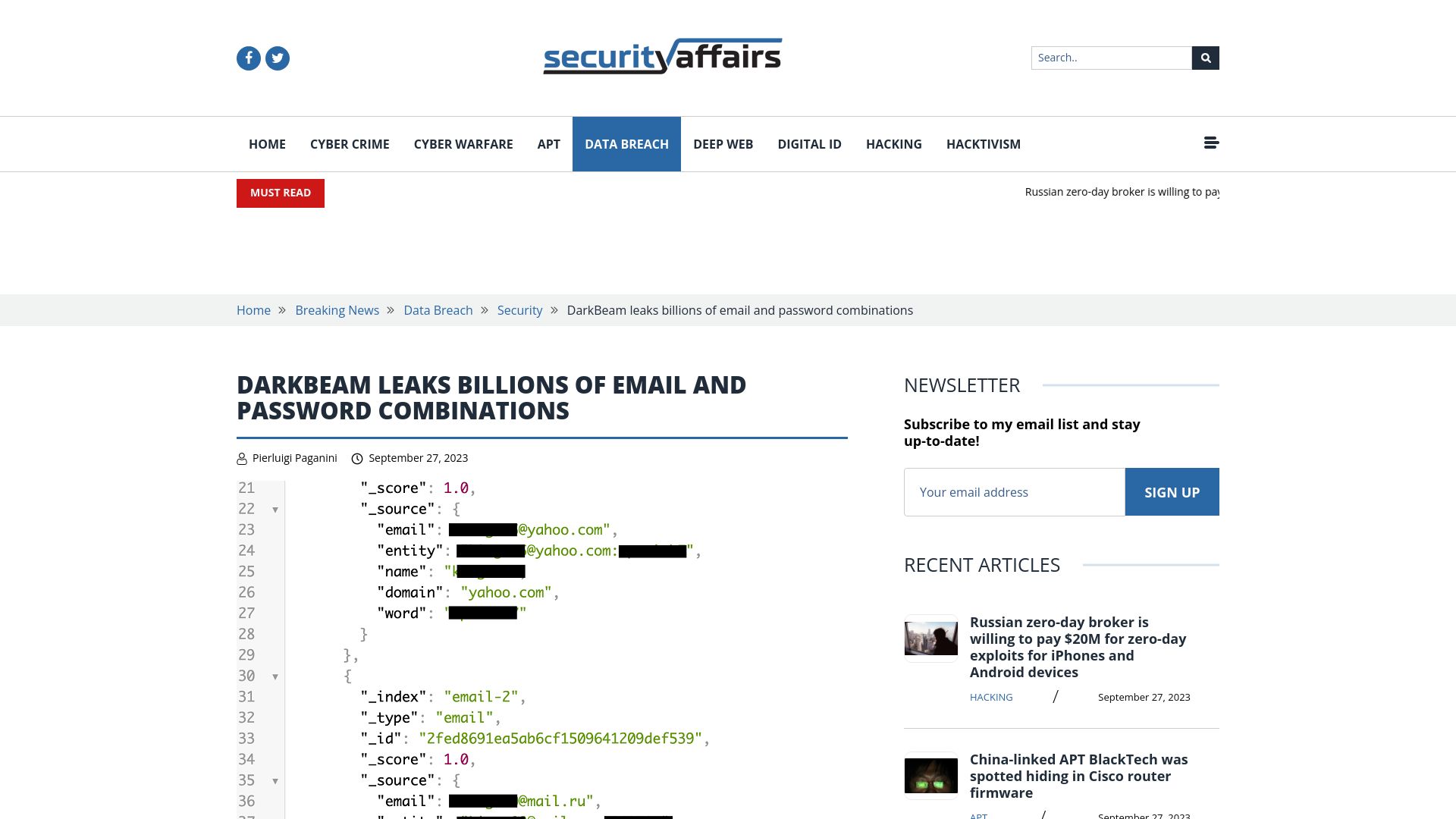 Screenshot of securityaffairs.com: DarkBeam leaks billions of email and password combinations
