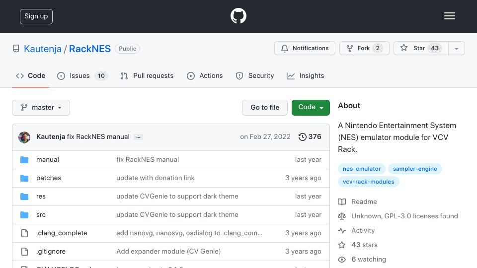 Screenshot of github.com: RackNES: NES Module for VCV Rack