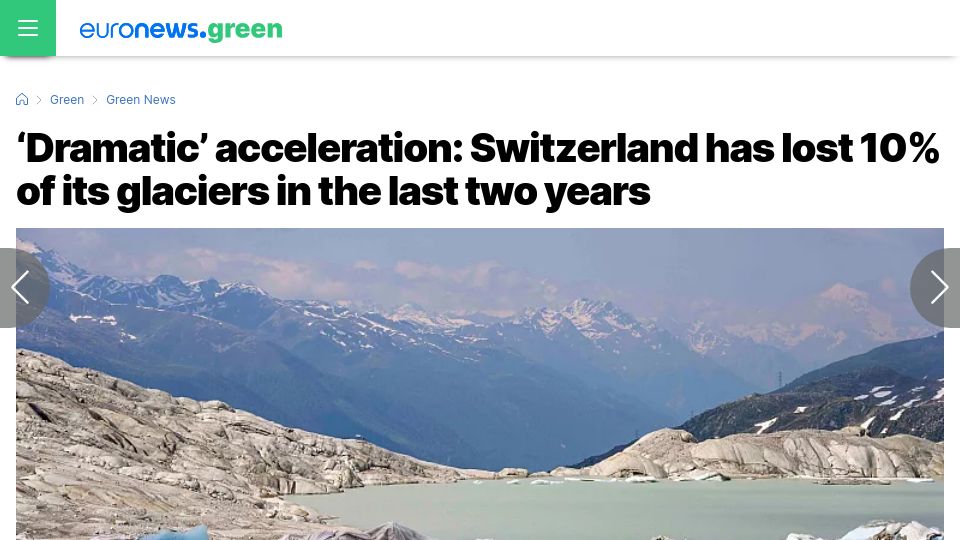 Screenshot of euronews.com: Switzerland has lost 10% of its glaciers in the last two years