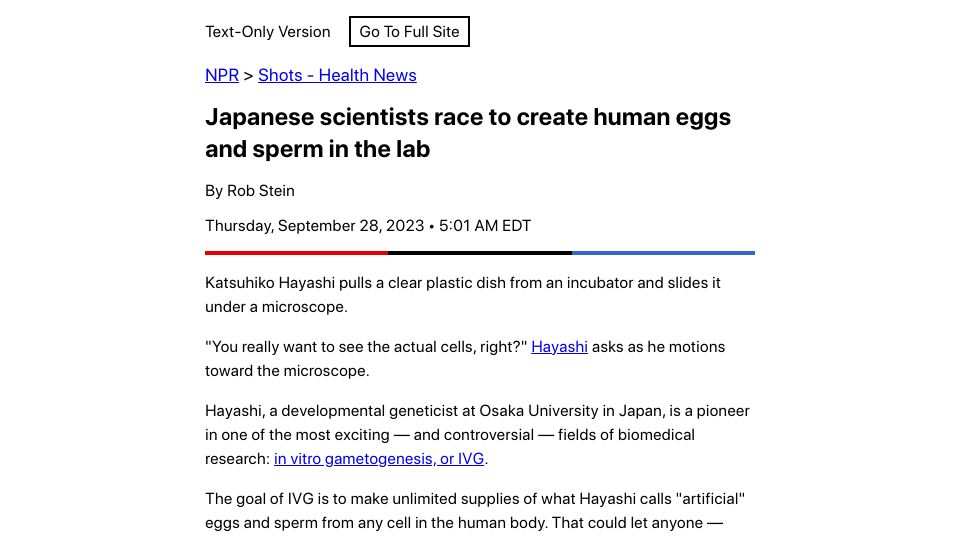 Screenshot of npr.org: Japanese scientists working on creating human eggs and sperm in the lab