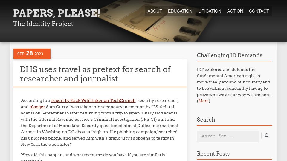 Screenshot of papersplease.org: DHS uses travel as pretext for search of researcher and journalist