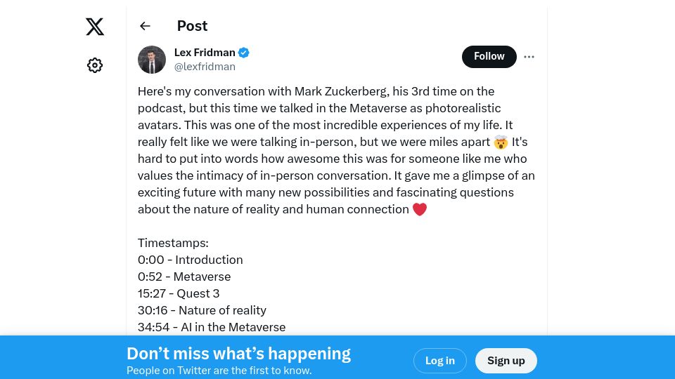 Screenshot of twitter.com: Conversation with Zuckerberg, this time we talked as photorealistic avatars