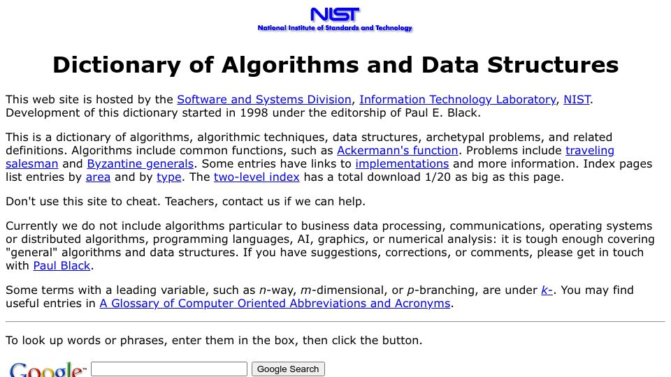 Screenshot of xlinux.nist.gov: Dictionary of Algorithms and Data Structures