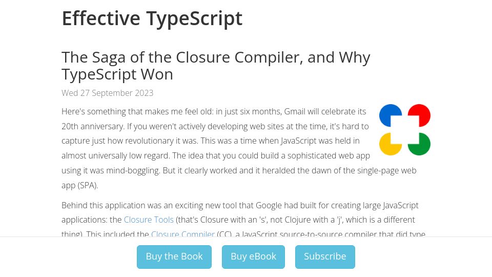 Screenshot of effectivetypescript.com: The saga of the Closure compiler, and why TypeScript won
