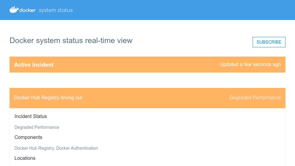 Screenshot of dockerstatus.com: Docker Hub Registry timming out