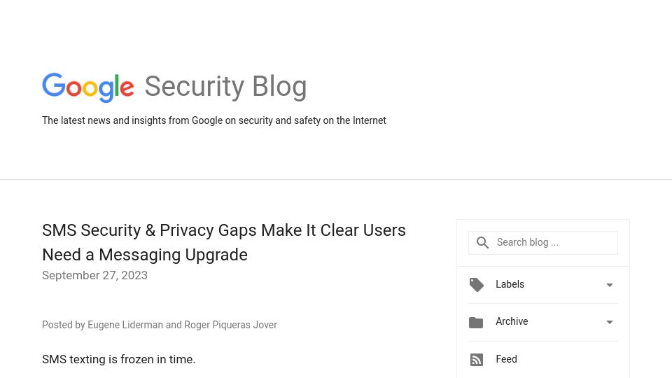 Screenshot of security.googleblog.com: SMS Security and Privacy Gaps