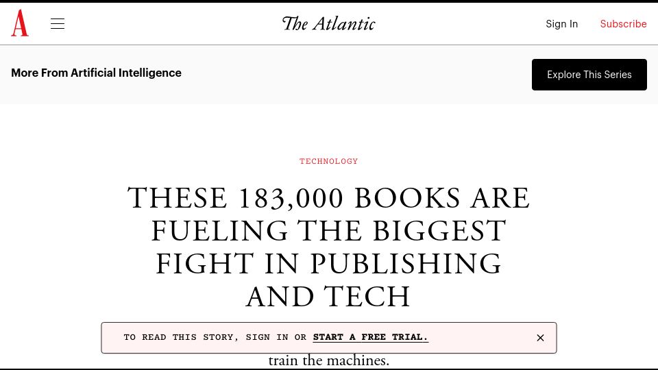 Screenshot of theatlantic.com: Searchable Database of the 183,000 Pirated Books Meta, et al., Used to Train AI