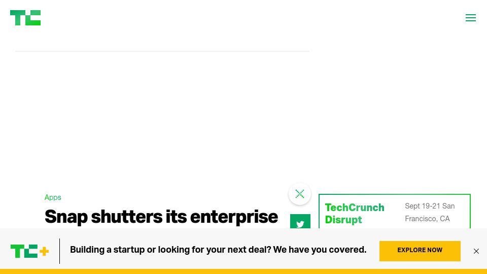 Screenshot of techcrunch.com: Snap cuts 170 jobs after closing AR Enterprise service division