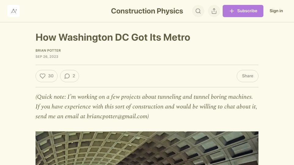 Screenshot of construction-physics.com: How Washington DC Got Its Metro