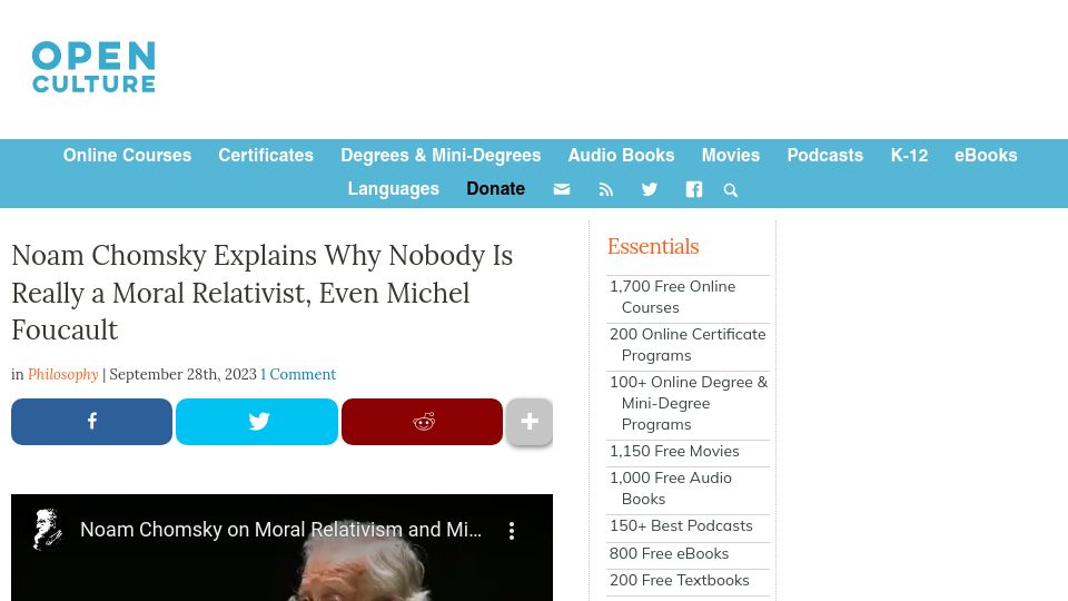 Screenshot of openculture.com: Chomsky explains why nobody is a moral relativist