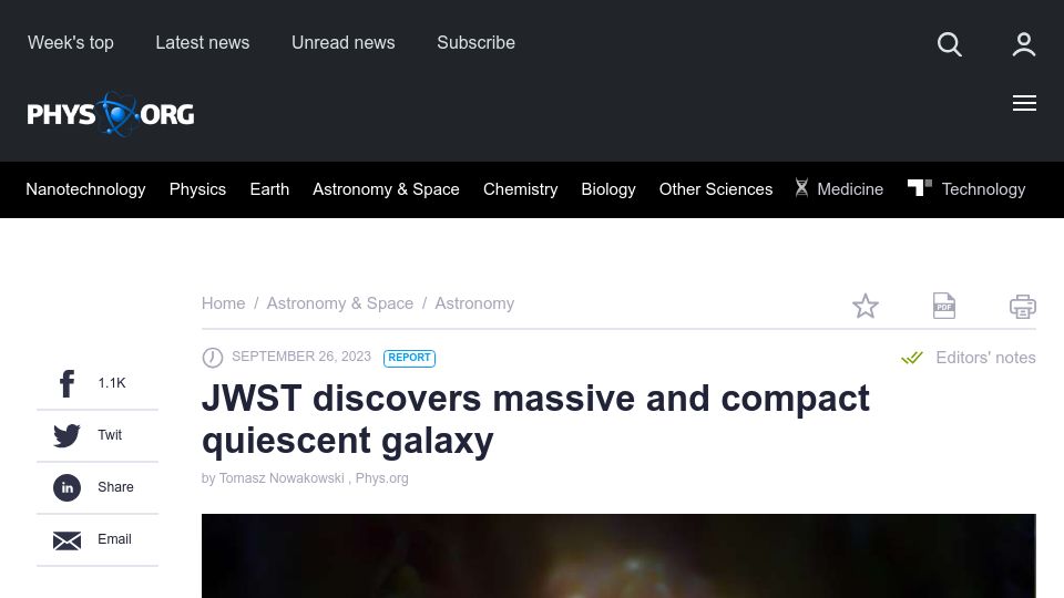 Screenshot of phys.org: JWST discovers massive and compact quiescent galaxy