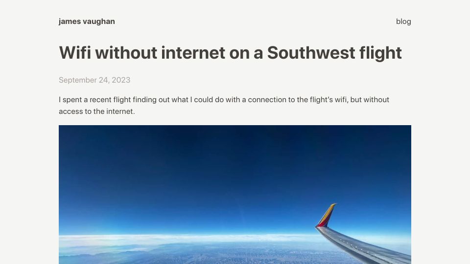 Screenshot of jamesbvaughan.com: WiFi without internet on a Southwest flight