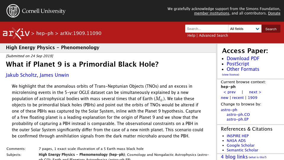 Screenshot of arxiv.org: What if Planet 9 is a Primordial Black Hole? (2019)