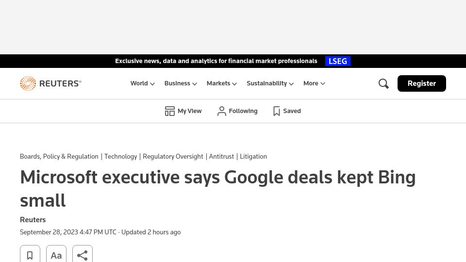 Screenshot of reuters.com: Microsoft executive says Google deals kept Bing small
