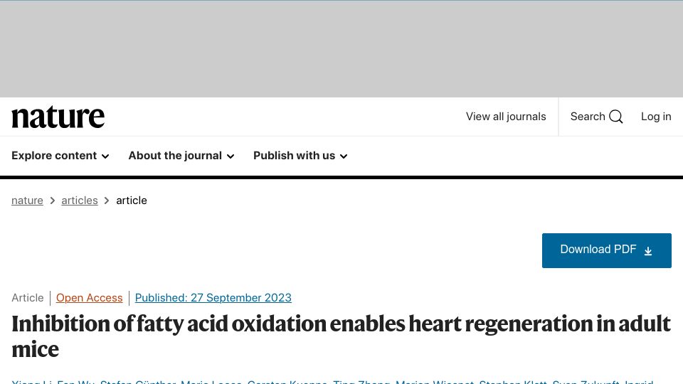 Screenshot of nature.com: Inhibition of fatty acid oxidation enables heart regeneration in adult mice