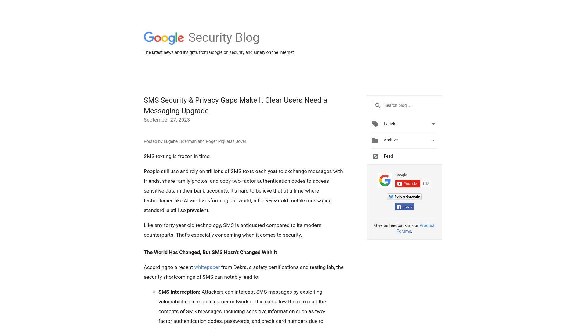 Screenshot of security.googleblog.com: SMS Security and Privacy Gaps