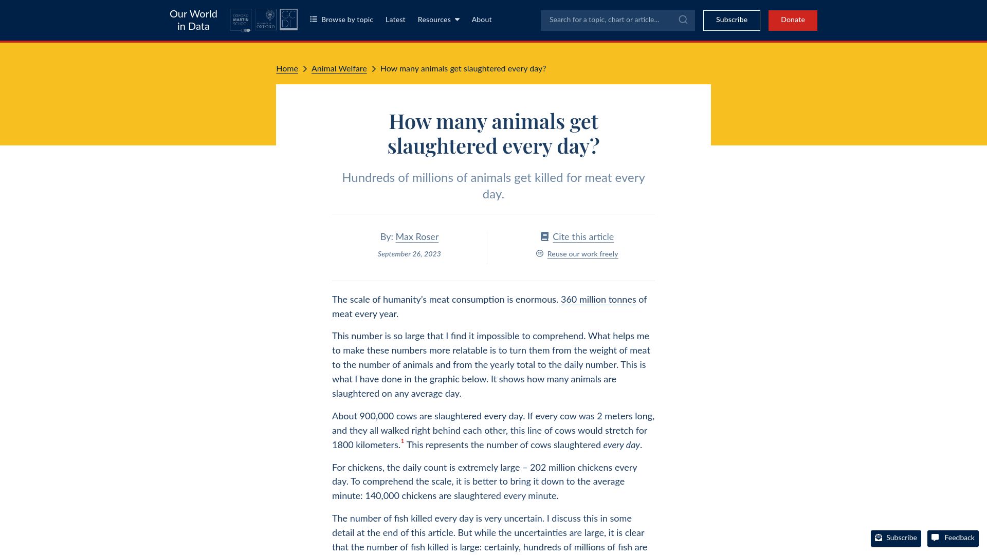 Screenshot of ourworldindata.org: How many animals get slaughtered every day?
