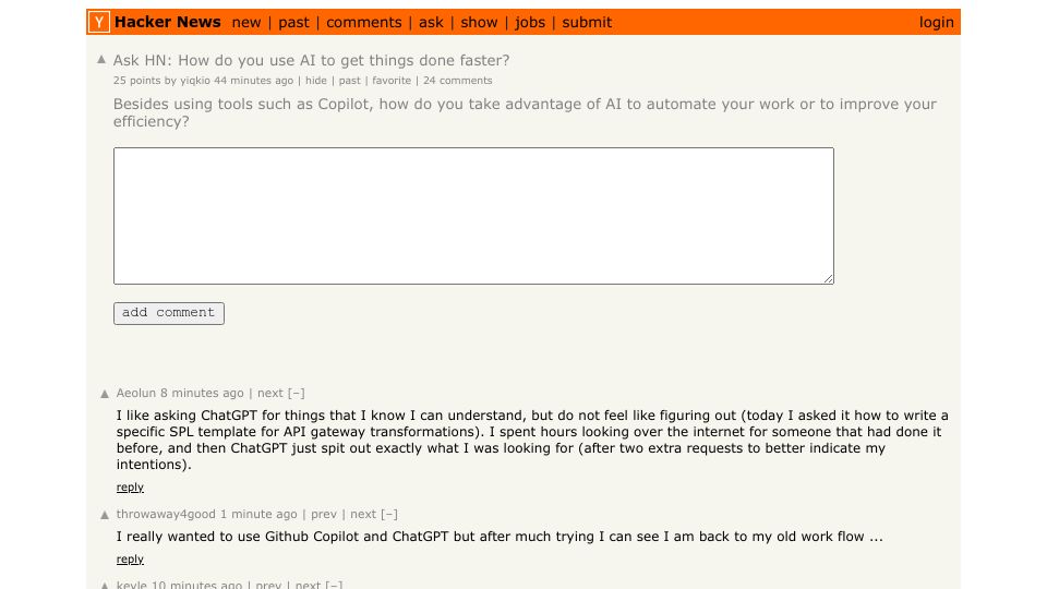Screenshot of Hacker News post: Ask HN: How do you use AI to get things done faster?