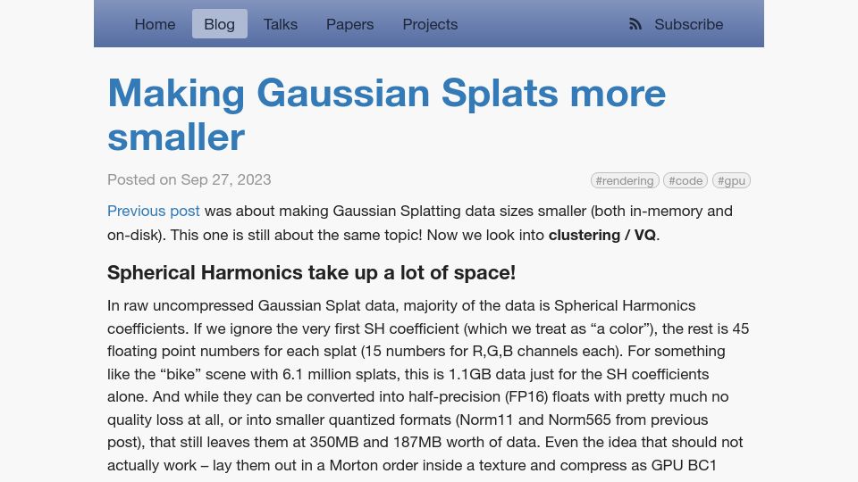 Screenshot of aras-p.info: Making Gaussian Splats more smaller