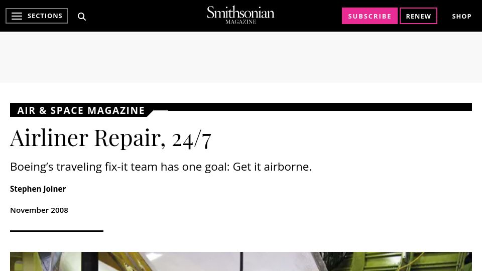 Screenshot of smithsonianmag.com: Airliner Repair, 24/7 Boeing’s traveling fix-it team (2008)