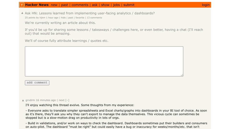 Screenshot of Hacker News post: Ask HN: Lessons learned from implementing user-facing analytics / dashboards?