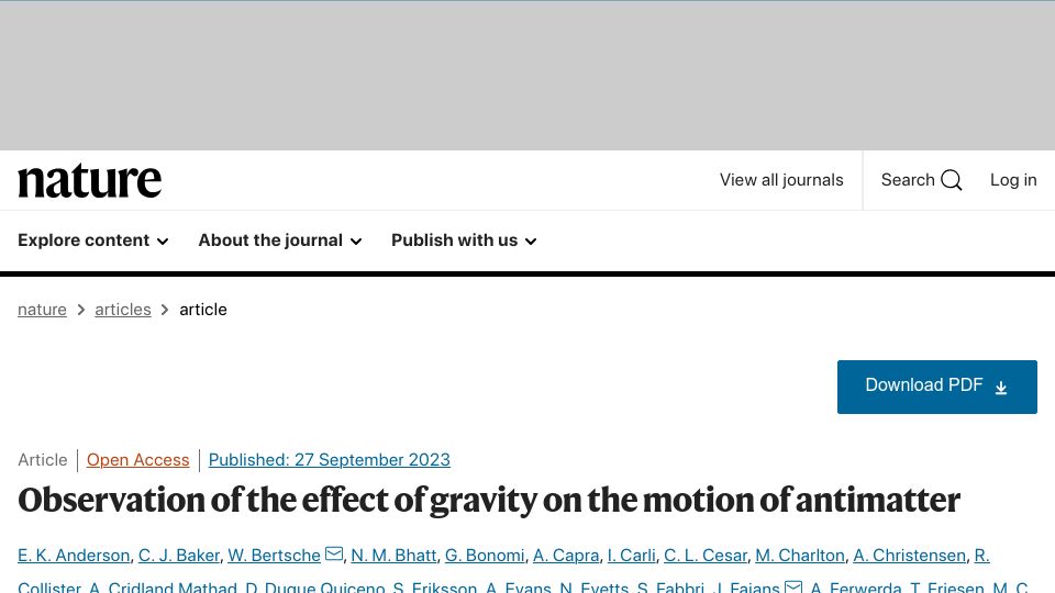Screenshot of nature.com: Observation of the effect of gravity on the motion of antimatter