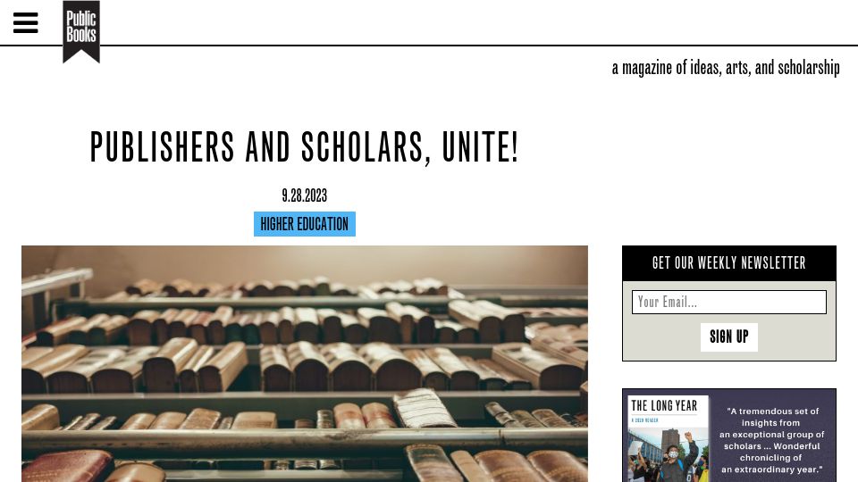 Screenshot of publicbooks.org: Universities have disinvested from their presses just as much as their libraries