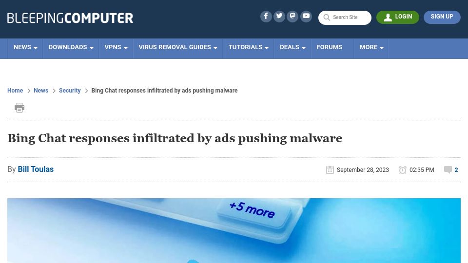 Screenshot of bleepingcomputer.com: Bing Chat responses infiltrated by ads pushing malware