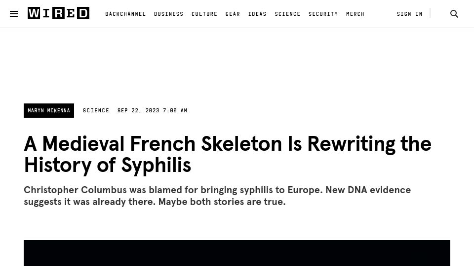 Screenshot of wired.com: Rewriting the history of syphilis