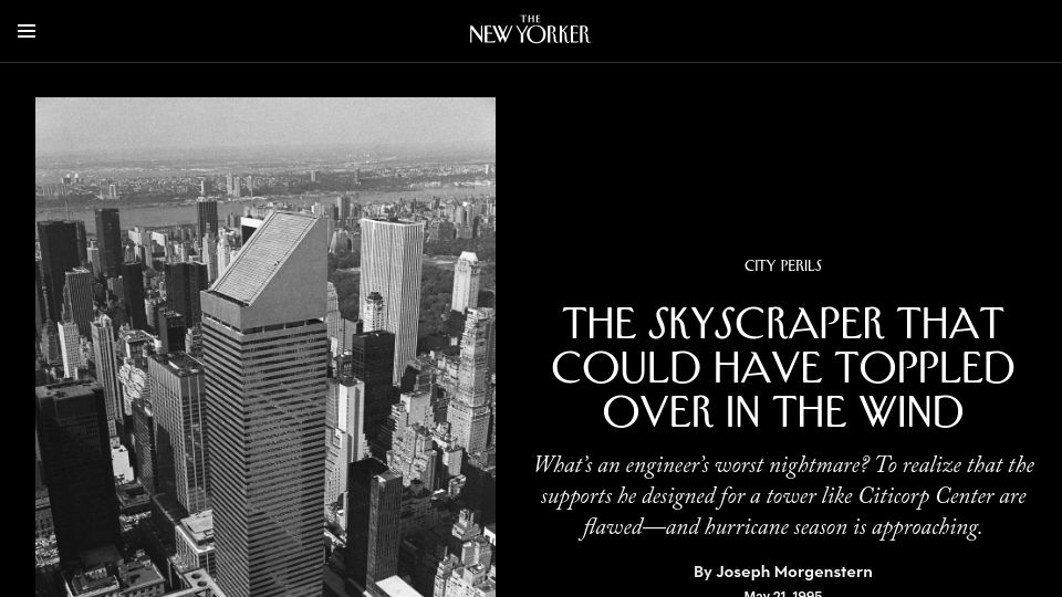 Screenshot of newyorker.com: A skyscraper that could have toppled over in the wind (1995)