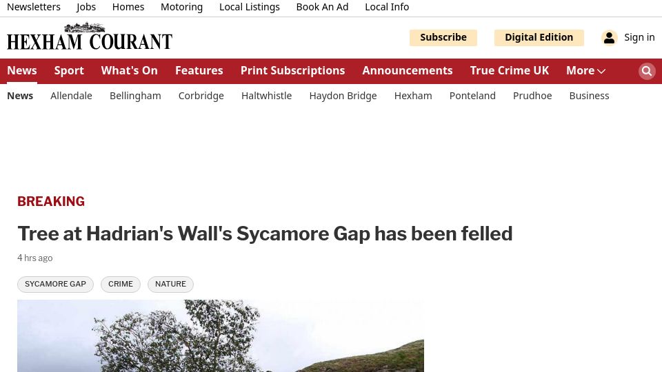 Screenshot of hexham-courant.co.uk: Iconic tree at Hadrian's Wall's 'Sycamore Gap' has been 'felled'