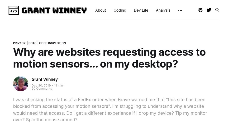 Screenshot of grantwinney.com: Why are websites requesting access to motion sensors on my desktop? (2019)