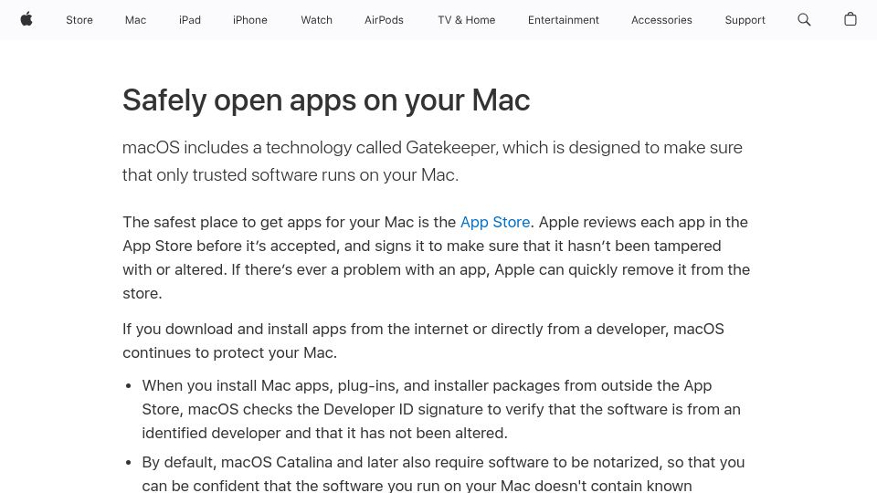 Screenshot of support.apple.com: Safely open apps on your Mac
