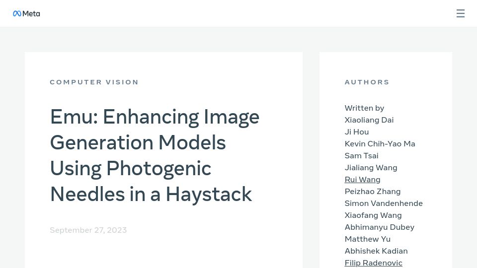 Screenshot of ai.meta.com: Emu: Enhancing Image Generation Models Using Photogenic Needles in a Haystack