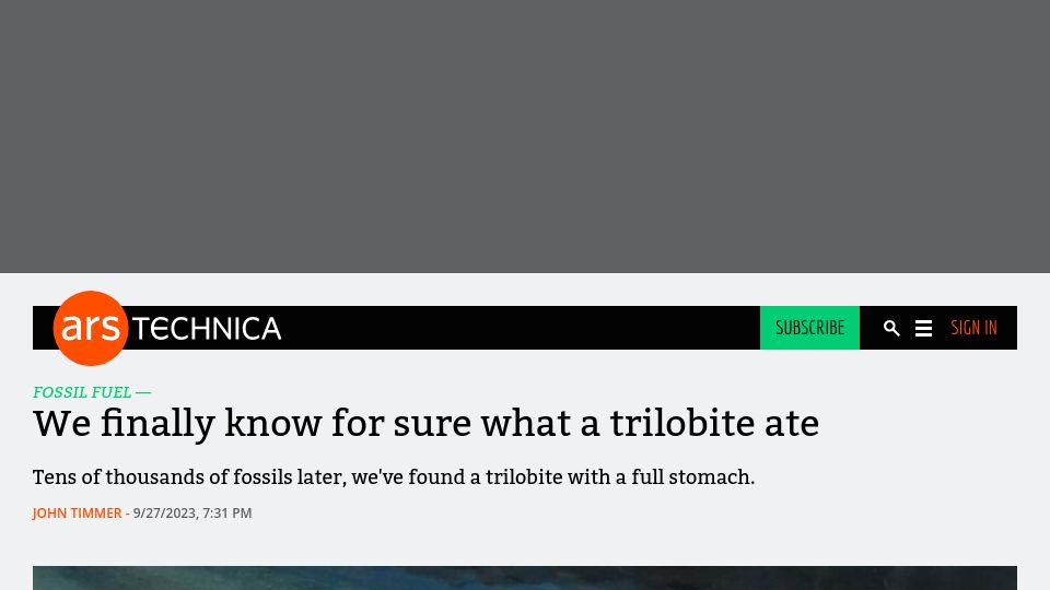 Screenshot of arstechnica.com: A trilobite found with a full stomach