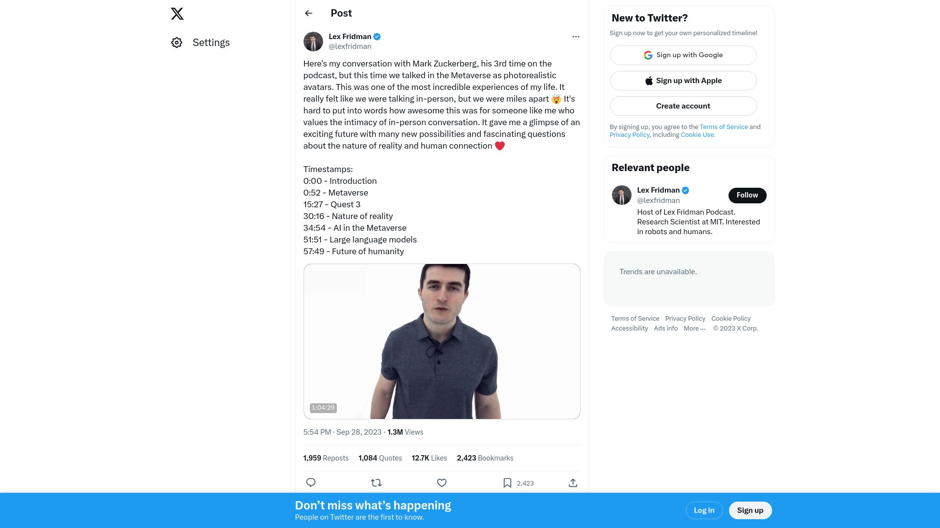 Screenshot of twitter.com: Conversation with Zuckerberg, this time we talked as photorealistic avatars