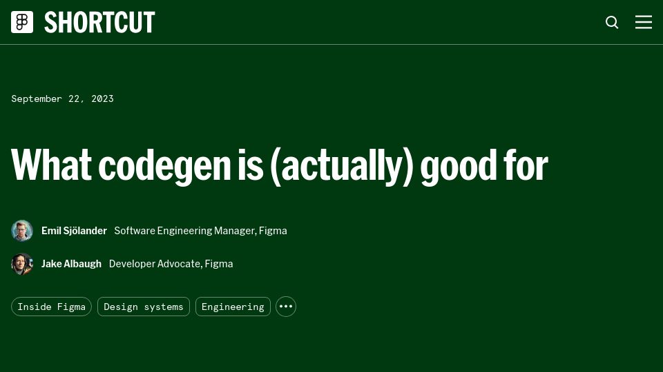 Screenshot of figma.com: What codegen is good for