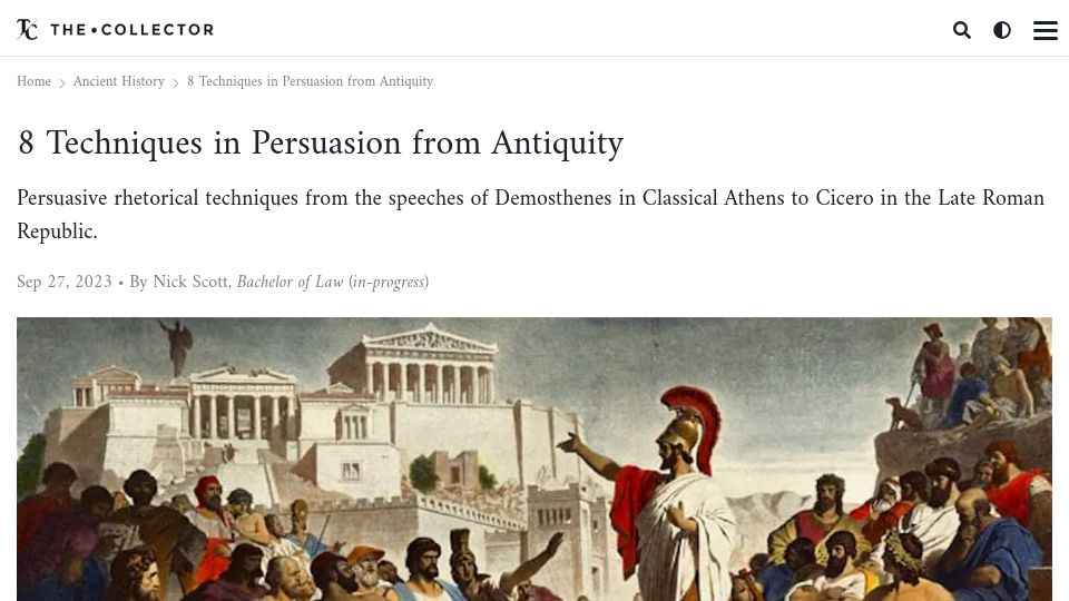 Screenshot of thecollector.com: Techniques in Persuasion from Antiquity