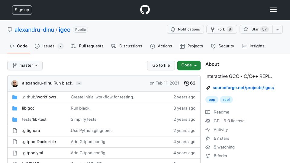Screenshot of github.com: Interactive GCC (igcc) is a read-eval-print loop (REPL) for C/C++