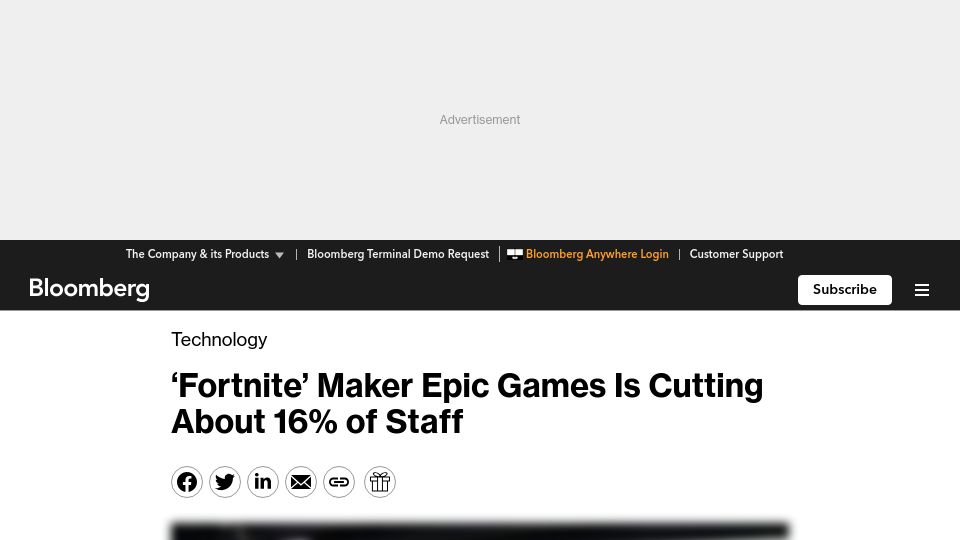 Screenshot of bloomberg.com: Epic Games is laying off 16% of its staff