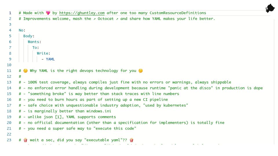 Screenshot of noyaml.com: That's a Lot of YAML