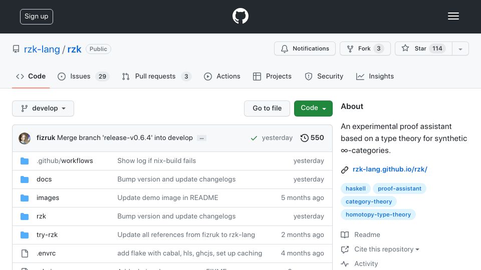 Screenshot of github.com: RZK: Experimental proof assistant for synthetic ∞-categories