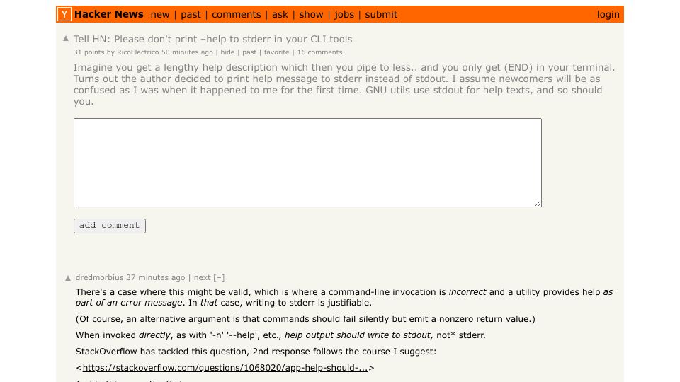 Screenshot of Hacker News post: Tell HN: Please don't print –-help to stderr in your CLI tools