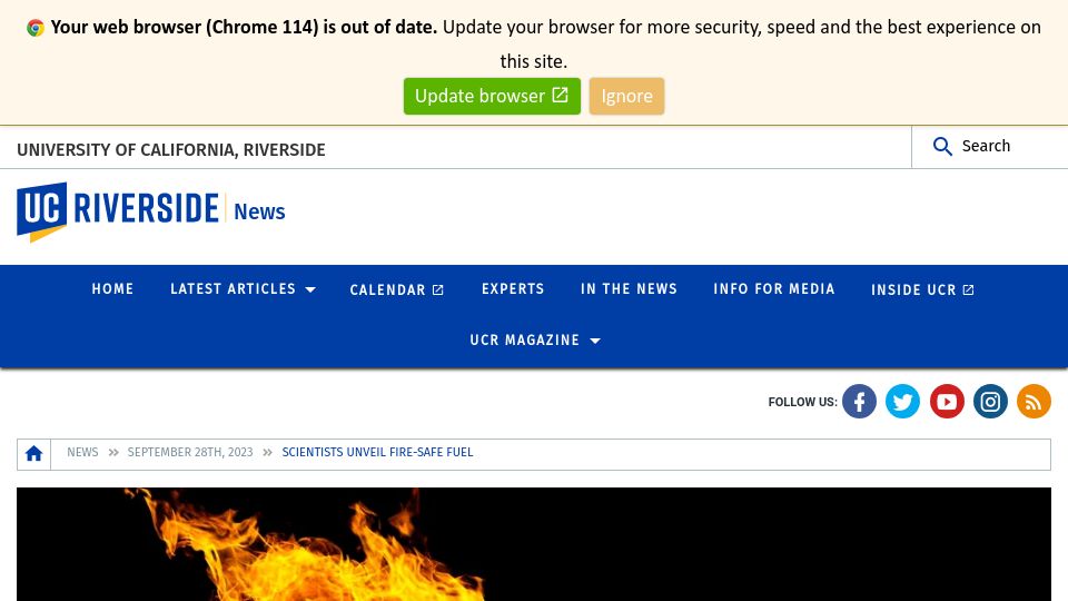 Screenshot of news.ucr.edu: Scientists unveil fire-safe fuel