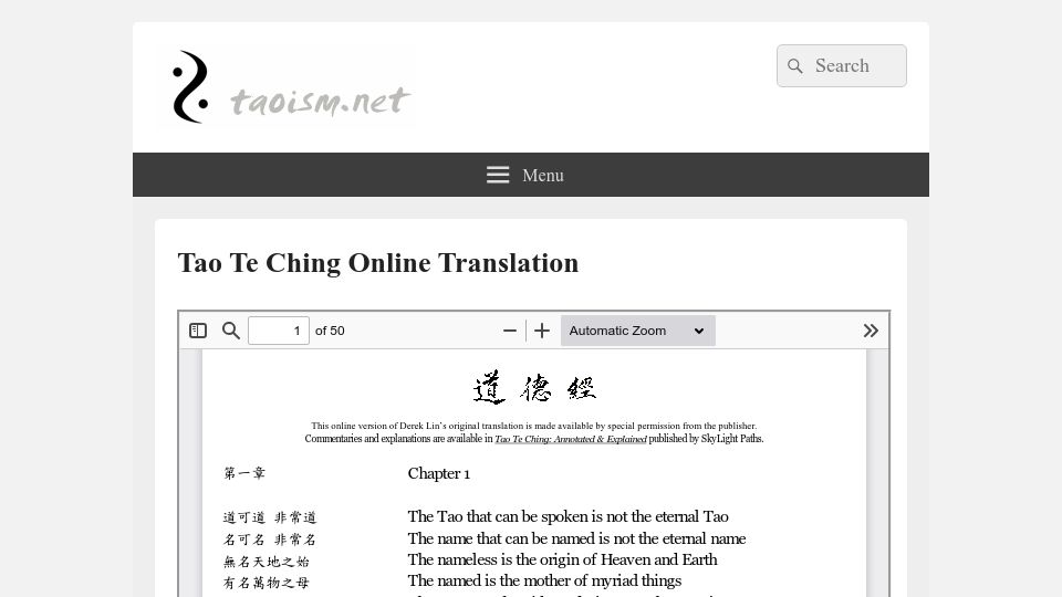 Screenshot of taoism.net: Tao Te Ching