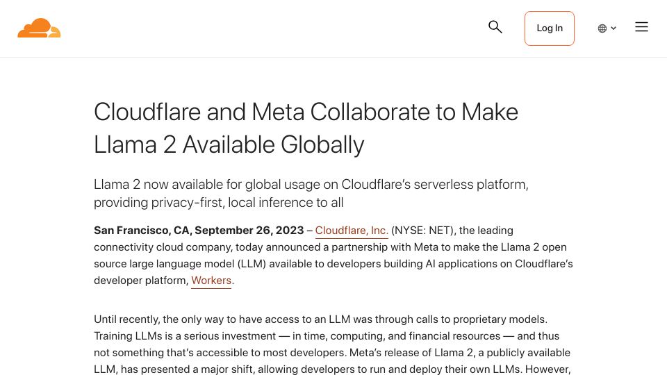 Screenshot of cloudflare.com: Cloudflare and Meta Collaborate to Make Llama 2 Available Globally