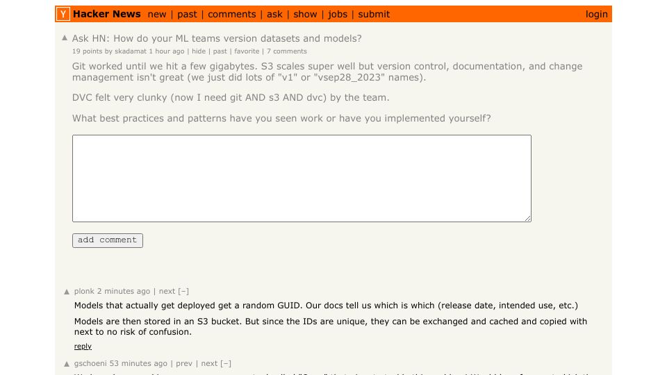 Screenshot of Hacker News post: Ask HN: How do your ML teams version datasets and models?