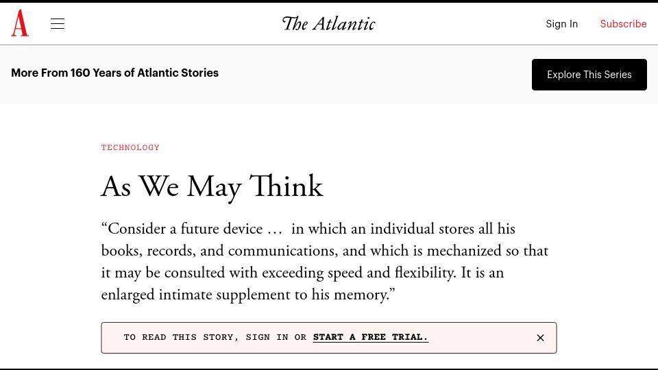 Screenshot of theatlantic.com: As We May Think (1945)