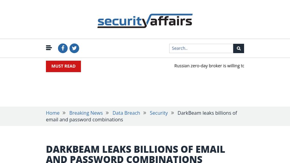 Screenshot of securityaffairs.com: DarkBeam leaks billions of email and password combinations